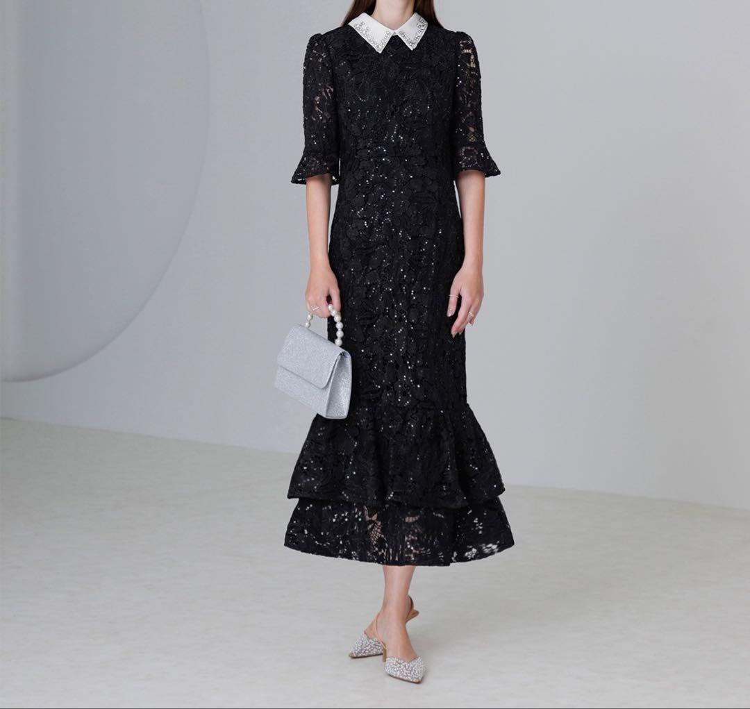 新品✨LEJA ビジューカラー 花柄フリル マーメイドドレス S 黒 結婚式