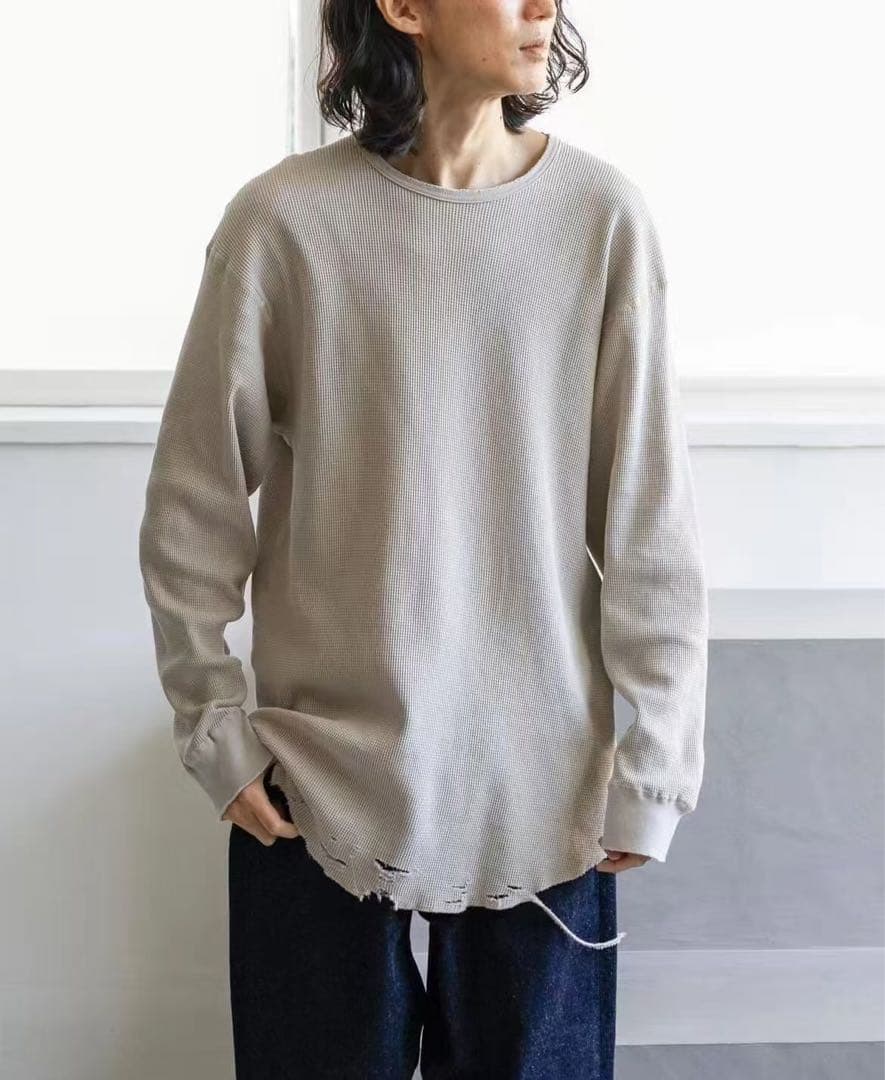 ANCELLM ダメージ ワッフルクルーネックロングスリーブティーシャツ ２