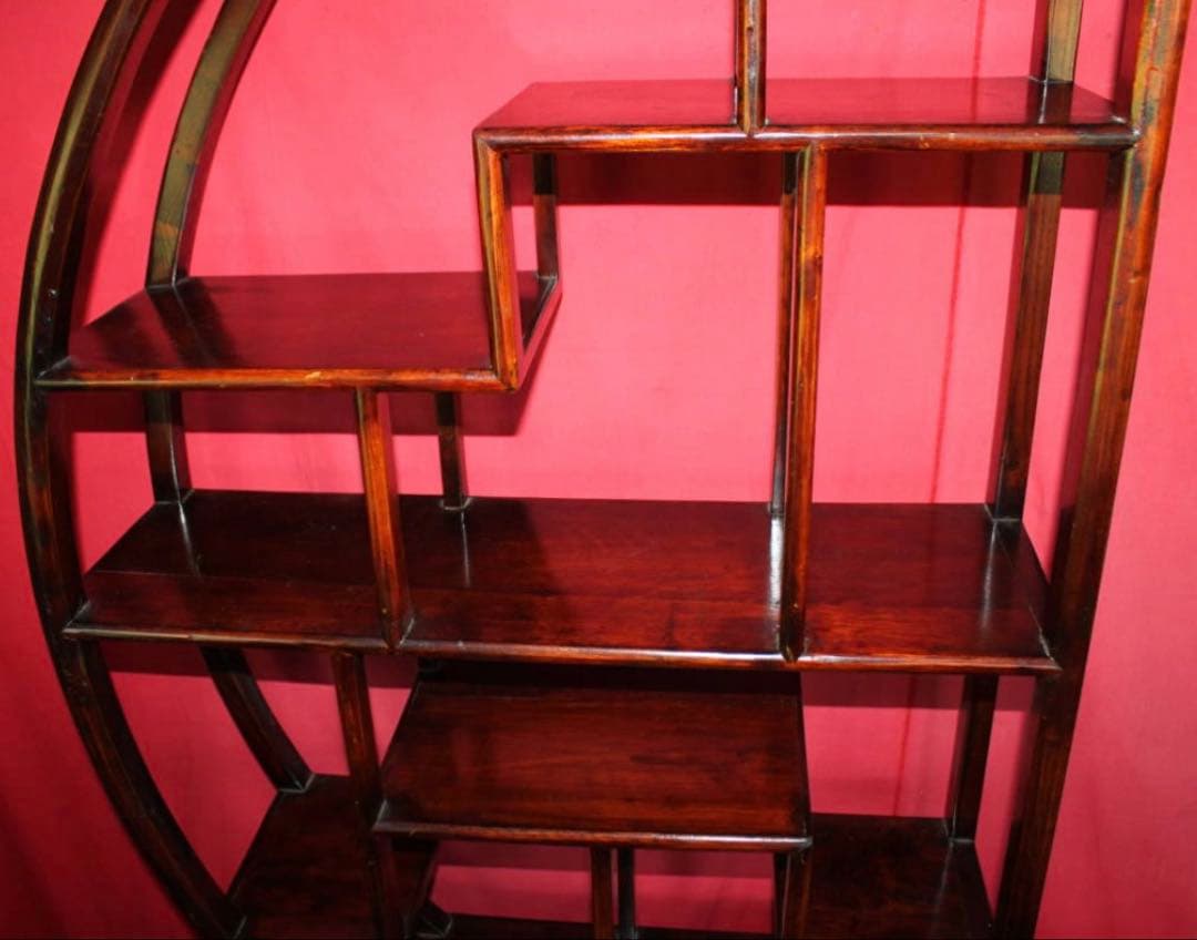 李朝家具 違い棚半月型、高139.5cm紫檀唐木、風情豊な飾棚、アンティーク家具