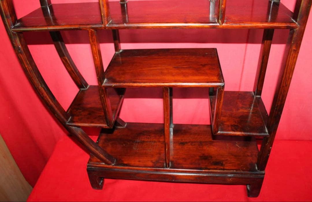 李朝家具 違い棚半月型、高139.5cm紫檀唐木、風情豊な飾棚、アンティーク家具