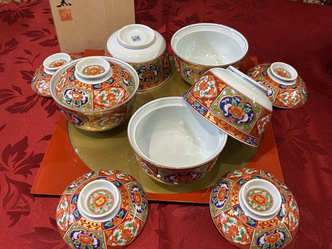 5名様　赤絵お正月御膳セット　庫山窯　蓋付きどんぶり　刺身皿など　未使用