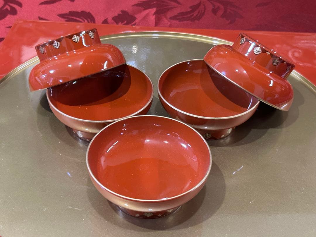 5名様　赤絵お正月御膳セット　庫山窯　蓋付きどんぶり　刺身皿など　未使用