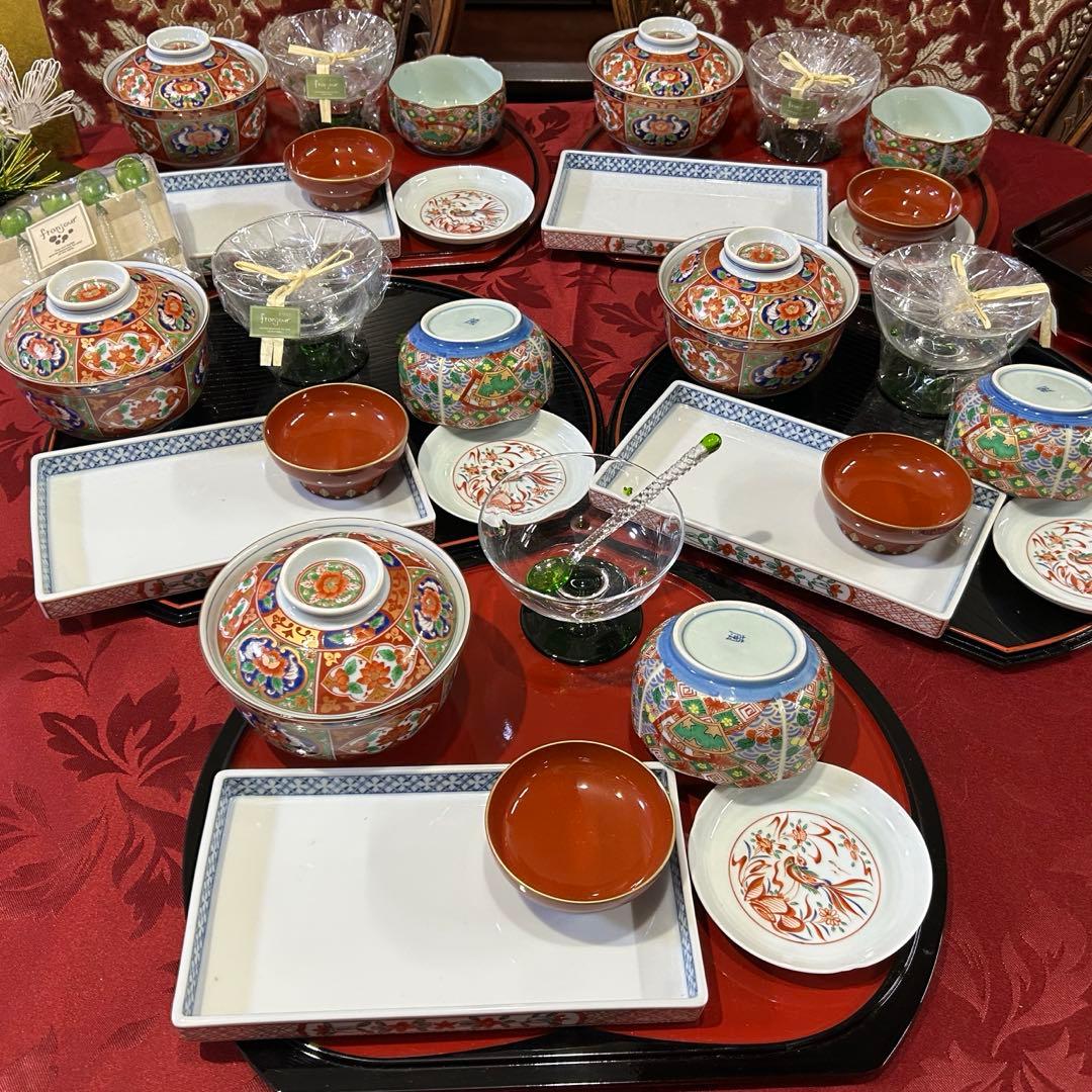 5名様　赤絵お正月御膳セット　庫山窯　蓋付きどんぶり　刺身皿など　未使用