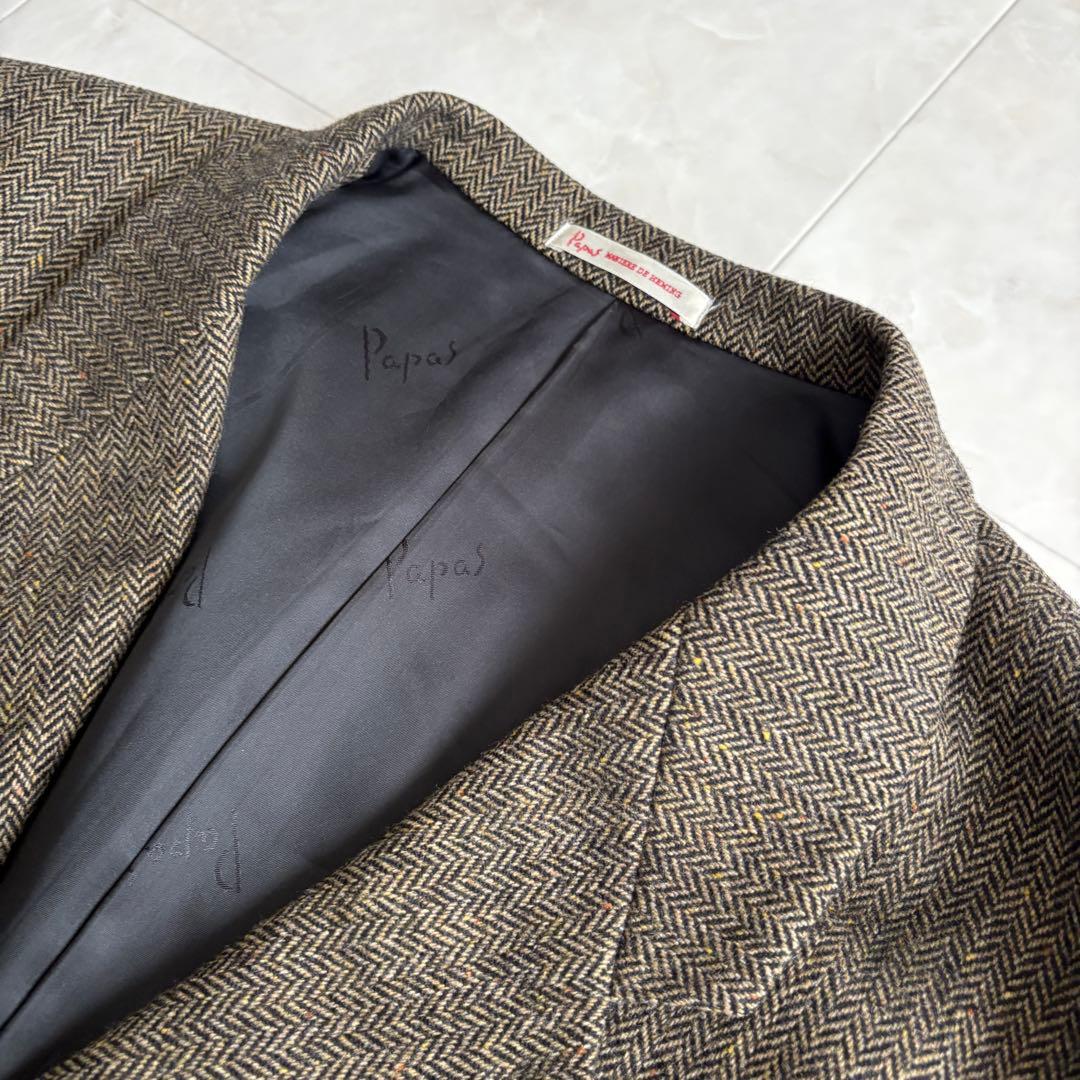 美品✨ Papas ヘリンボーンツイードJK 茶 L MOON生地 ウール100