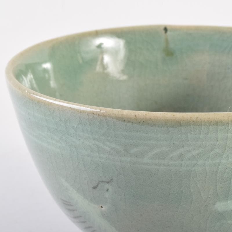 豆　一玉作　高麗青磁　象嵌雲鶴文　茶碗　共箱　C　7143