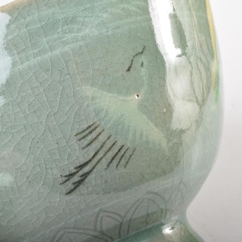 豆　一玉作　高麗青磁　象嵌雲鶴文　茶碗　共箱　C　7143