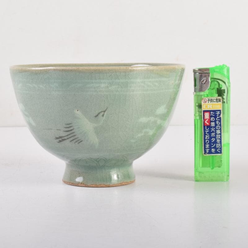豆　一玉作　高麗青磁　象嵌雲鶴文　茶碗　共箱　C　7143