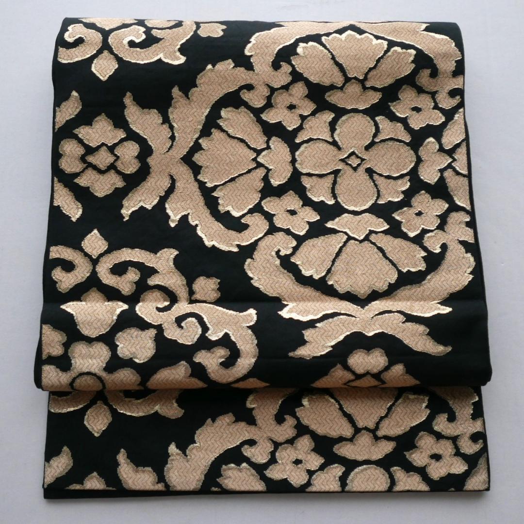 黒色 金糸☆六通 袋帯☆正絹☆更紗花唐草文☆金襴☆西陣織