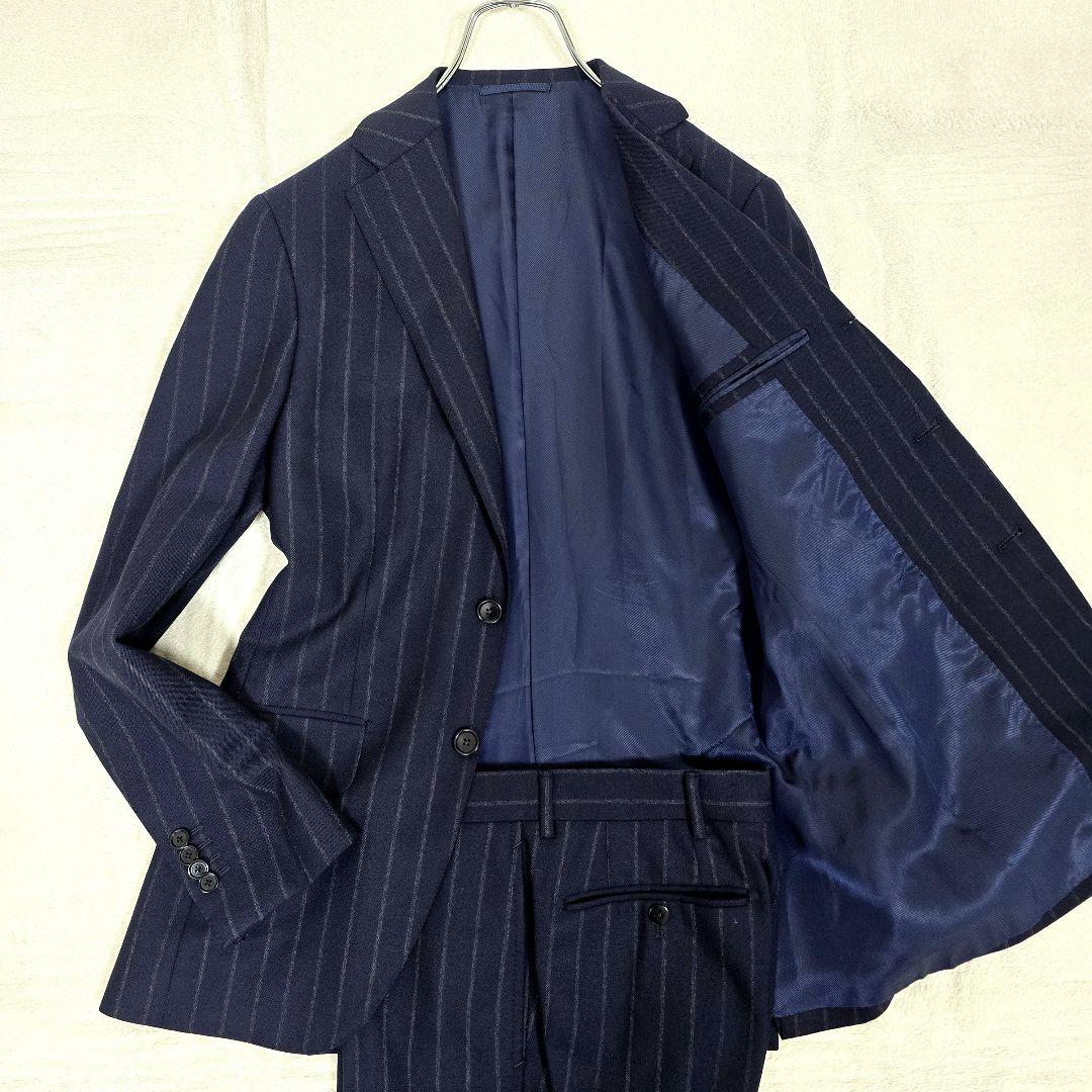 極美品 ビームスエフ スーツセットアップ ビジネス ストライプ ネイビー S相当