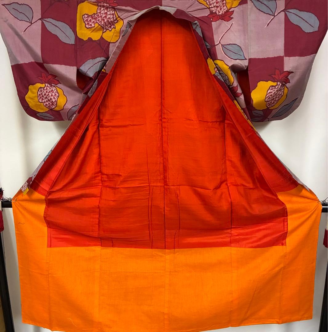 アンティーク　銘仙　着物　ザクロ　植物模様　レトロ　リメイク