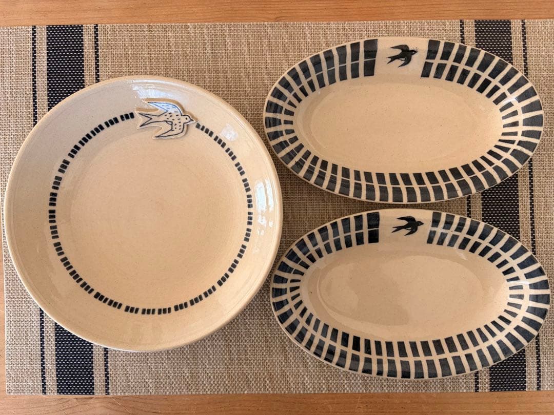 【週末お値下げ】東峯未央さん（益子焼作家）「トリ柄丸皿・楕円皿」計３枚セット