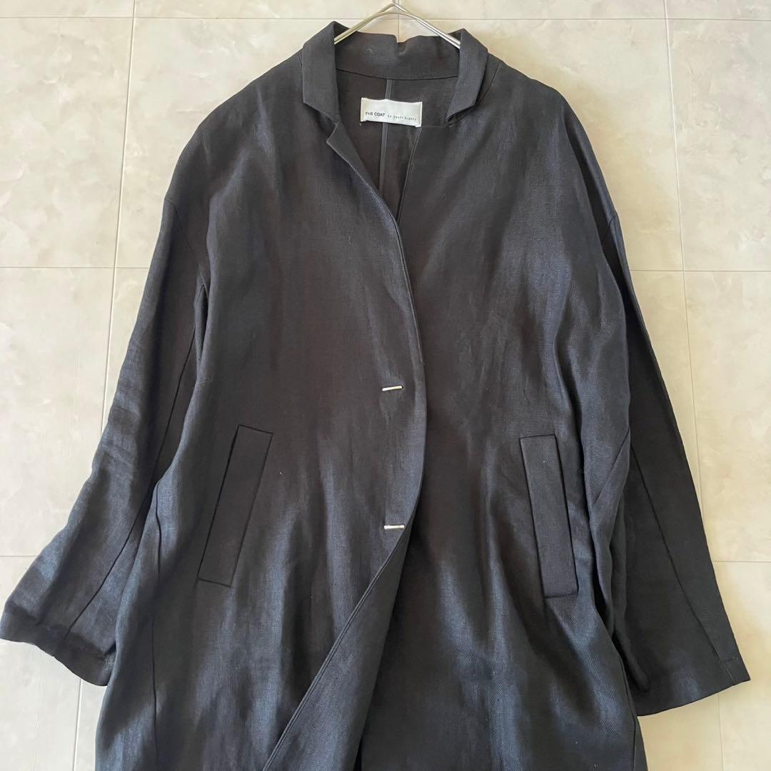 極美品✨upper hights 清涼リネンノーカラーコート黒 麻100% 36