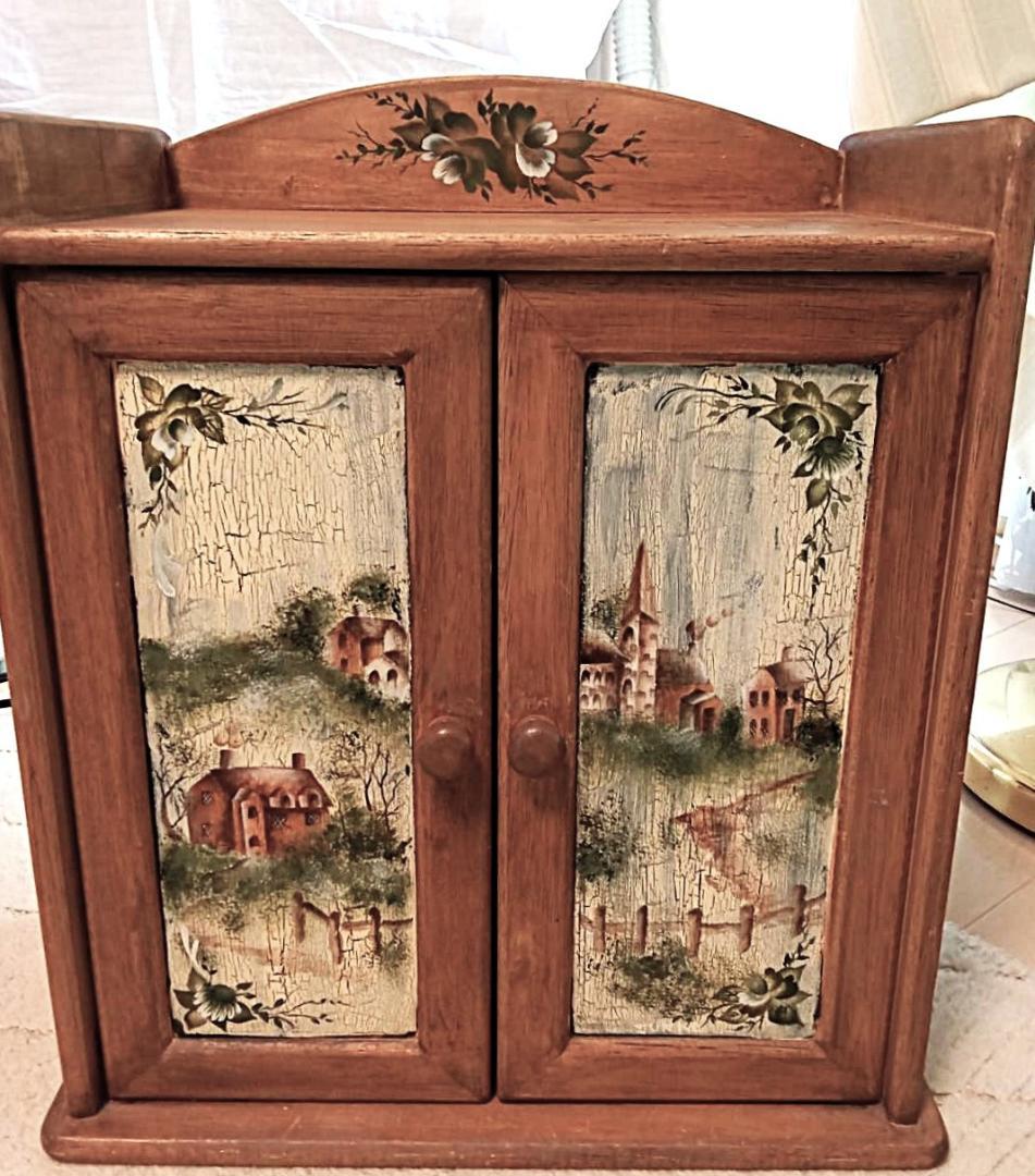 英国農村風景＆花木～本格トールペイント　希少/一点もの　収納ＢＯＸ　美品