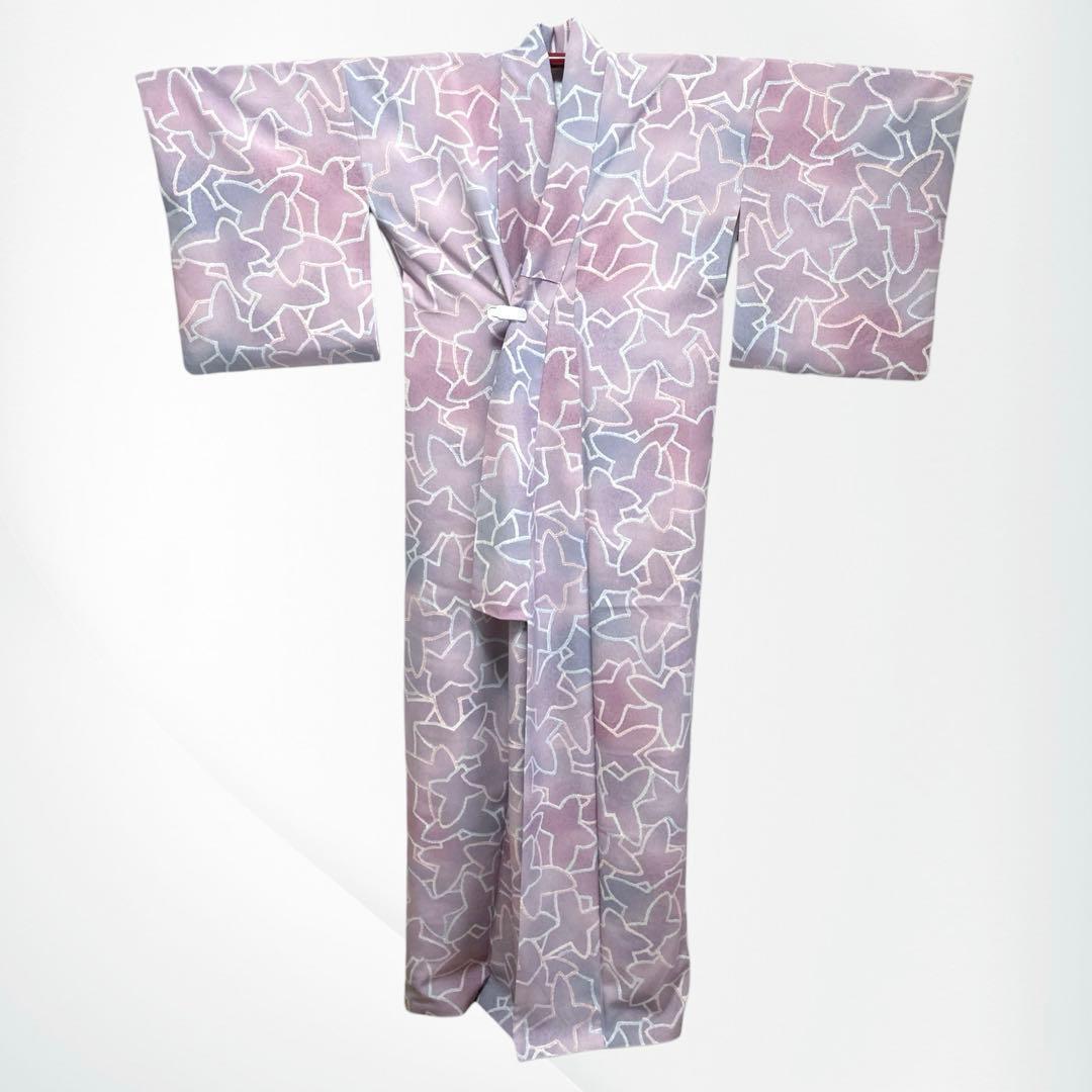 【美品✨】東レシルック　洗える着物　小紋　ぼかし染め　紫系のグラデーション　A8