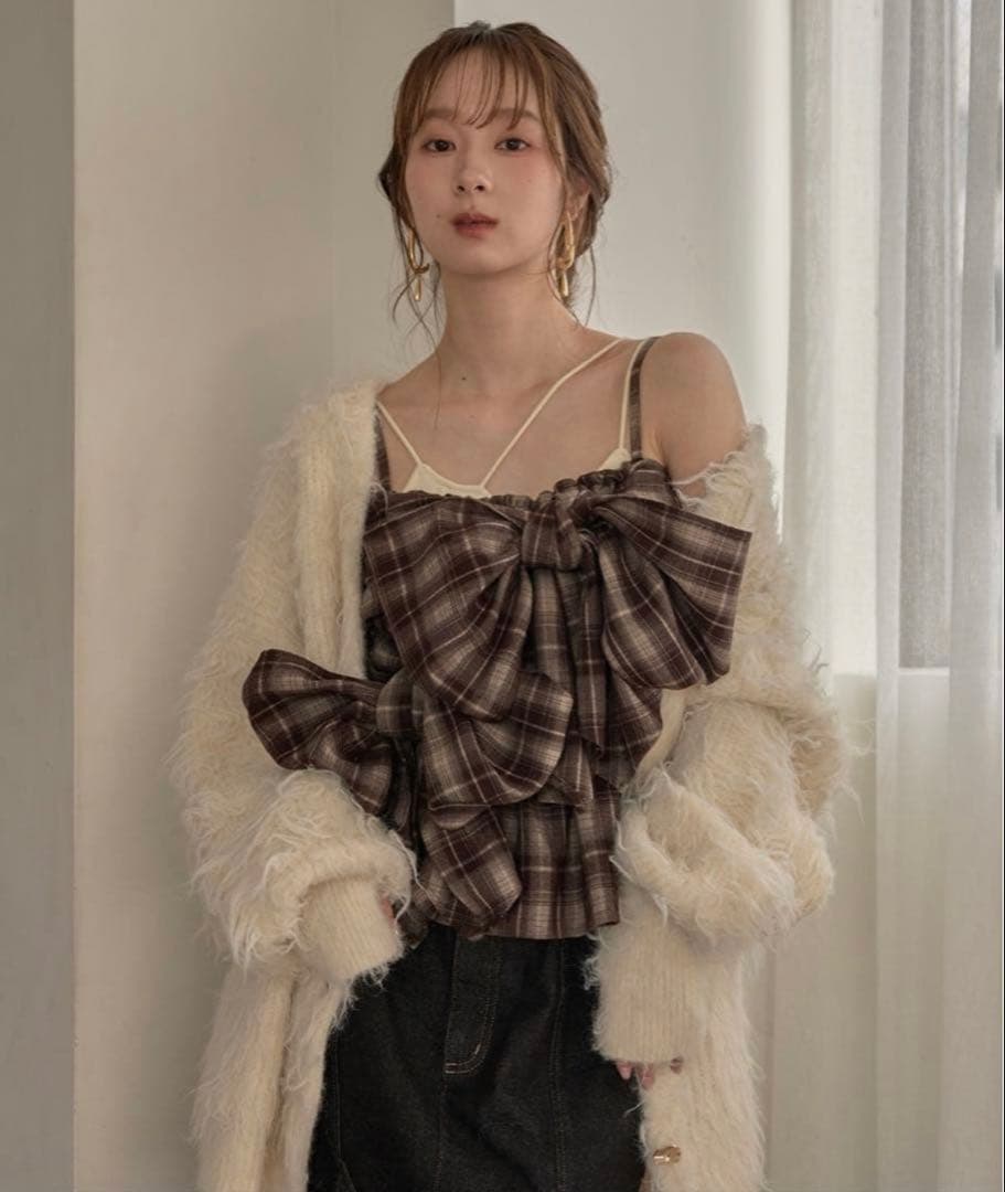 mideal オンブレチェックダブルリボンビスチェ ブラウン