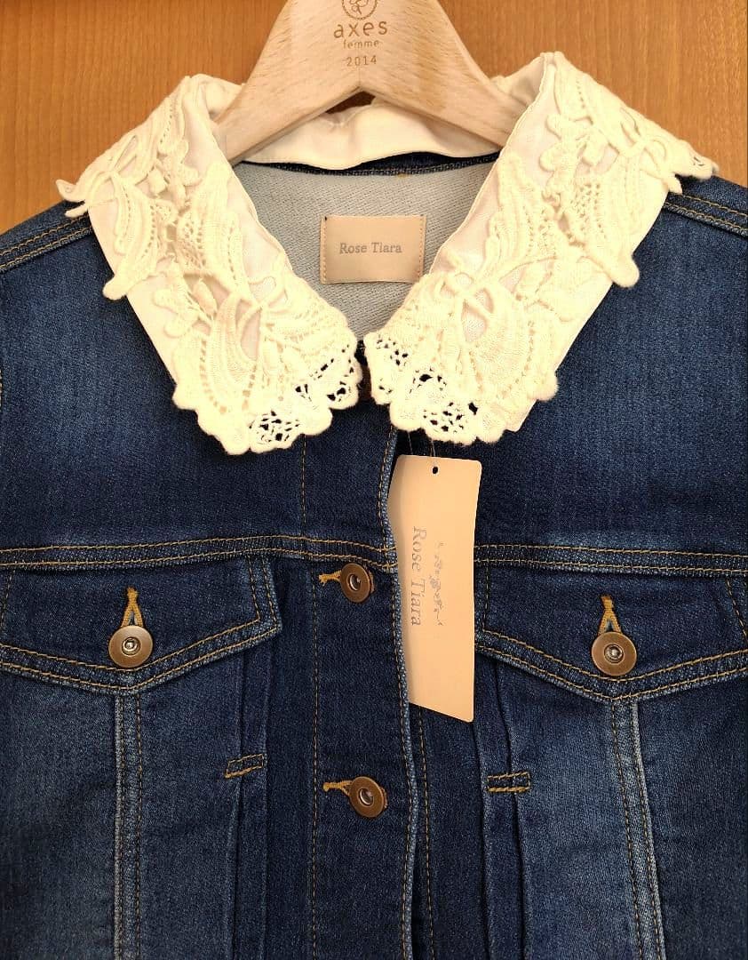 【新品】ローズティアラ　レース襟付きデニムジャケット　伸縮性◎　42サイズ