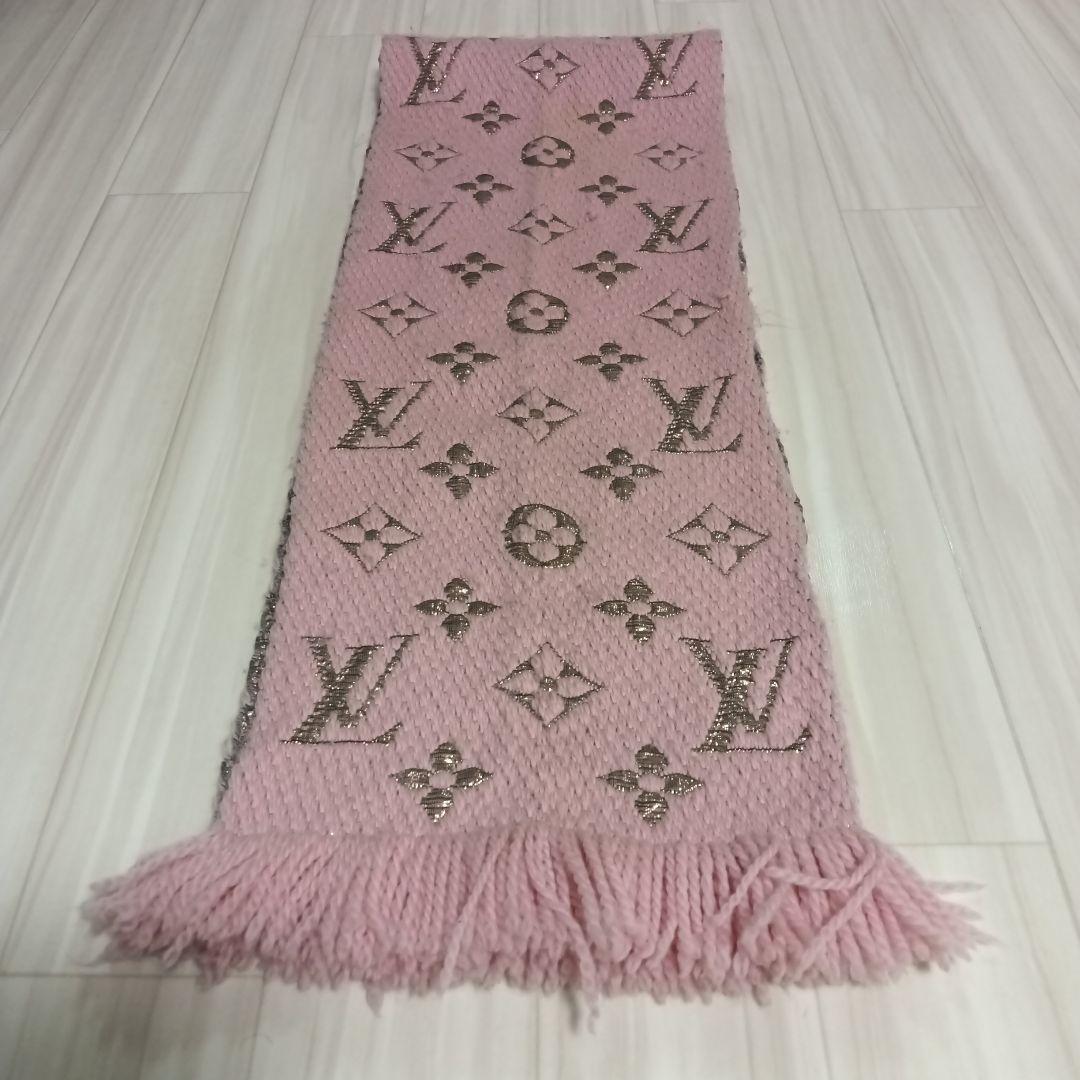 LOUIS VUITTON ピンク ブラウン ロゴ入り マフラー フリンジ付き