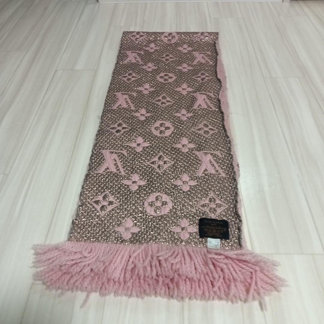 LOUIS VUITTON ピンク ブラウン ロゴ入り マフラー フリンジ付き