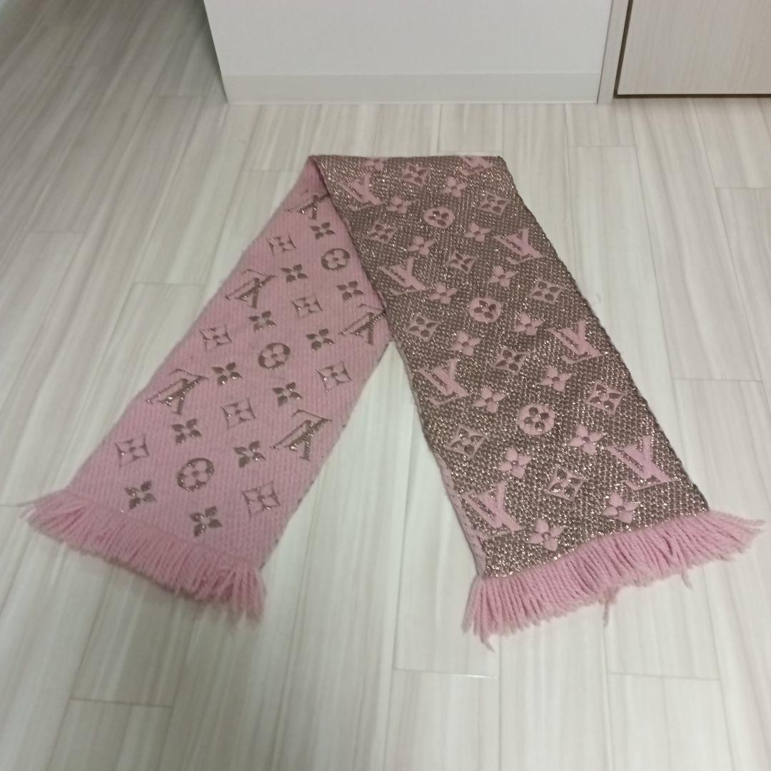 LOUIS VUITTON ピンク ブラウン ロゴ入り マフラー フリンジ付き