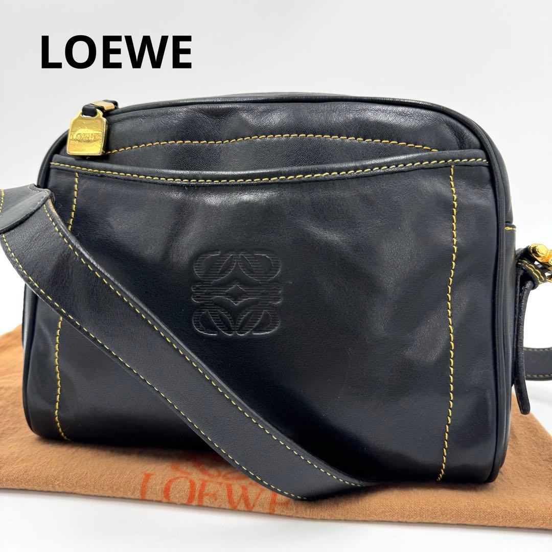 ロエベ アナグラム レザー イエローステッチ ショルダーバッグ 斜め掛け 黒
