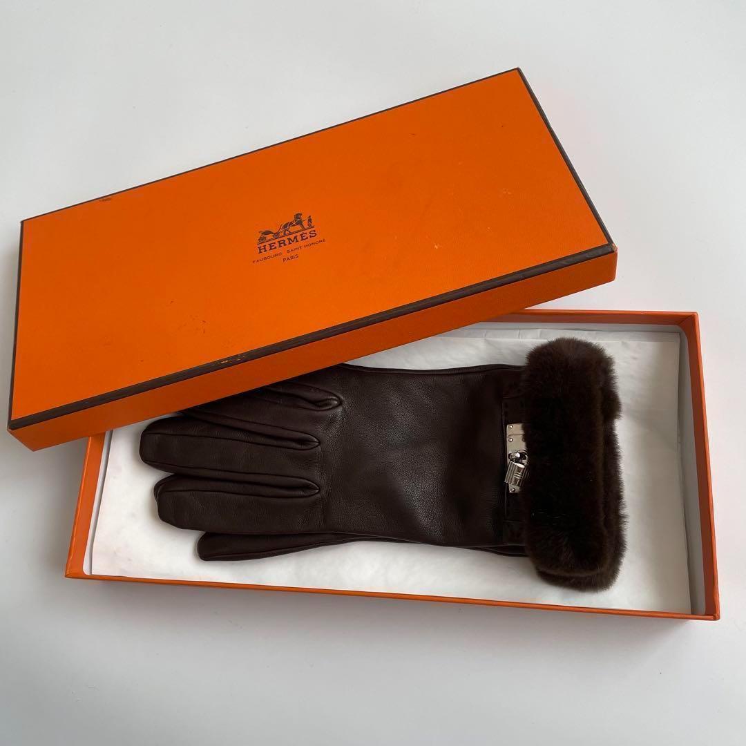 【極美品】HERMES ケリー グローブ ラムスキン ミンクファー ブラウン 7