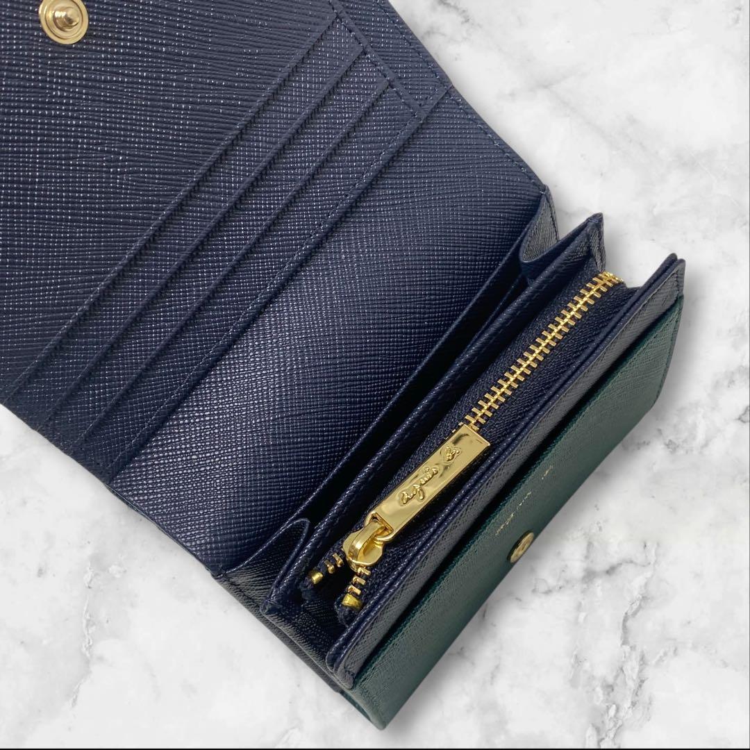 agnes b. アニエスベー 二つ折り財布 グリーン プレート ネイビー