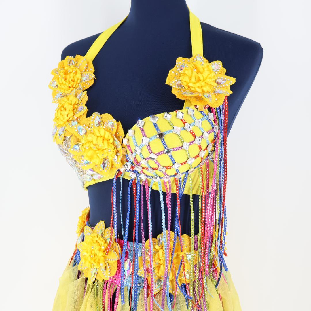 【ベリーダンス用 オリエンタル衣装】イエロー シルバーラメ多数 花コスチューム