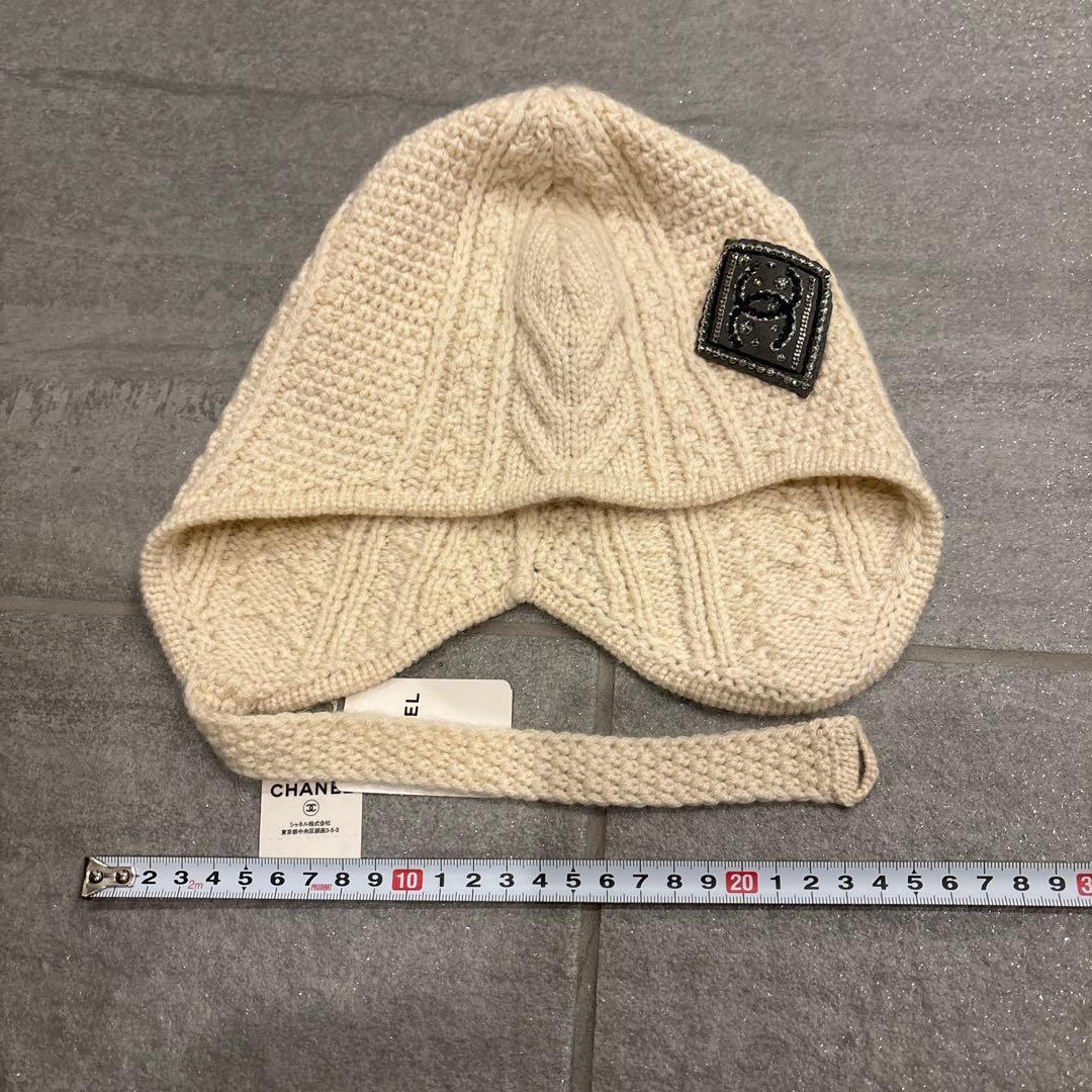 CHANEL アイボリー ニット帽 ケーブル編み
