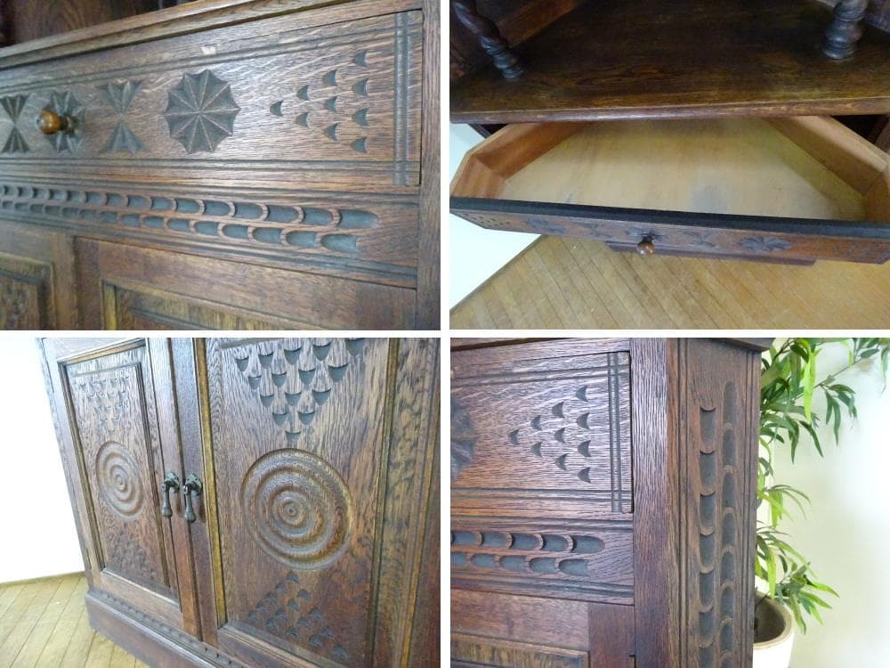 英国アンティーク　コーナーキャビネット　飾り棚　オーク材　手彫り