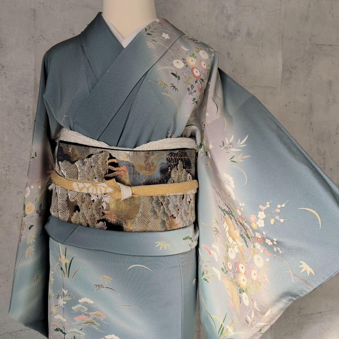 訪問着　フルセット　着物　友禅　正絹　青　茶屋辻　花　祝い事　優美　D2