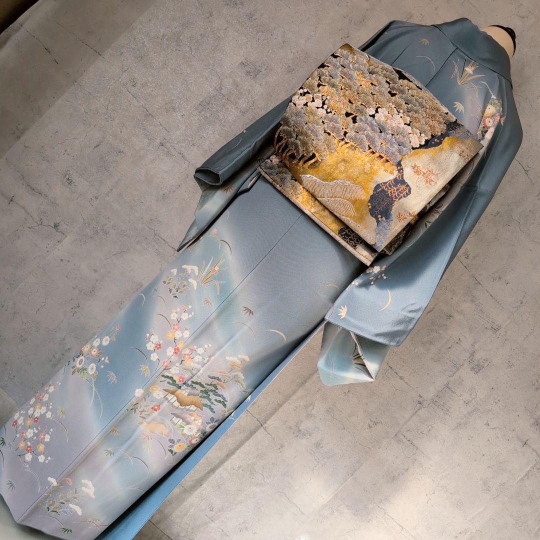 訪問着　フルセット　着物　友禅　正絹　青　茶屋辻　花　祝い事　優美　D2