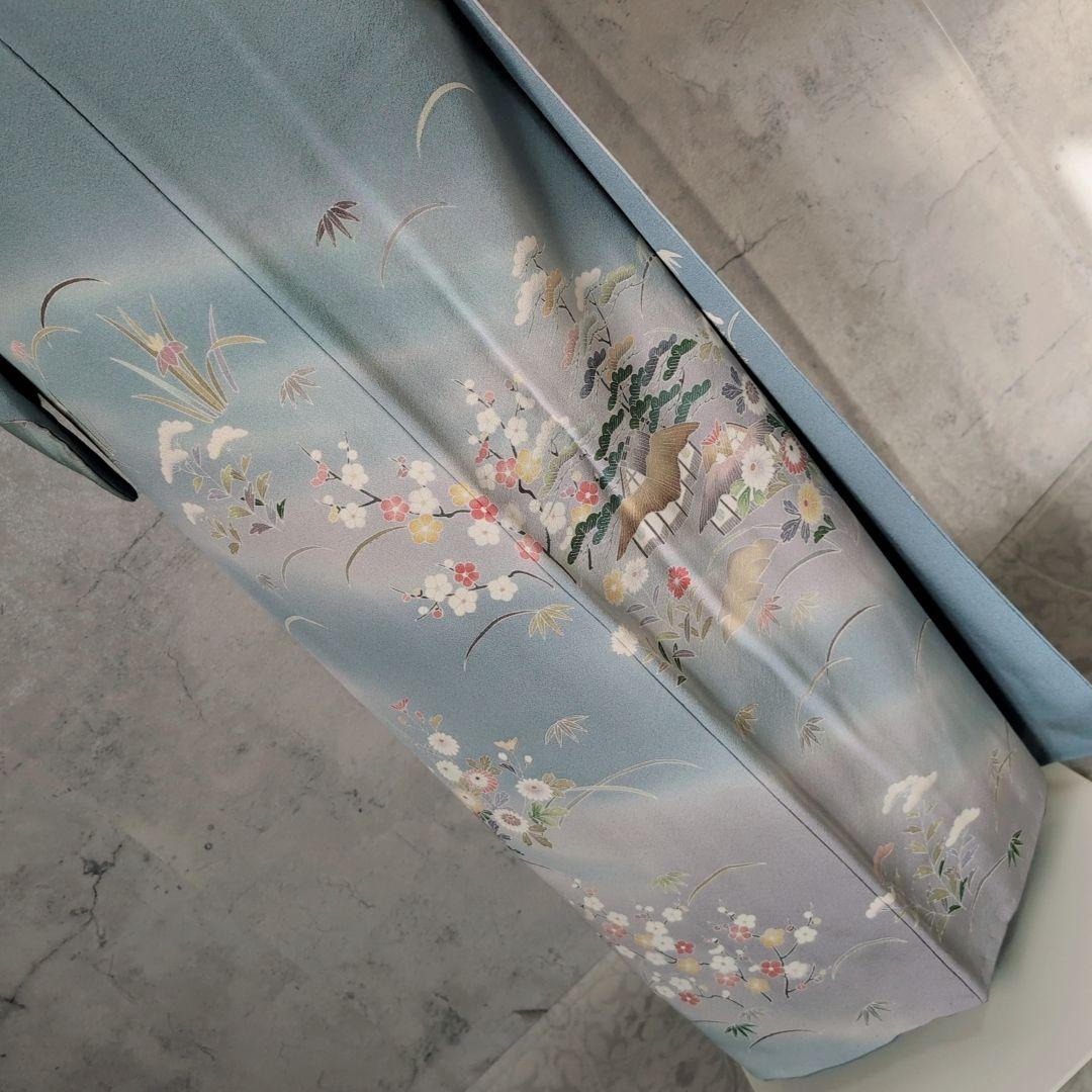 訪問着　フルセット　着物　友禅　正絹　青　茶屋辻　花　祝い事　優美　D2