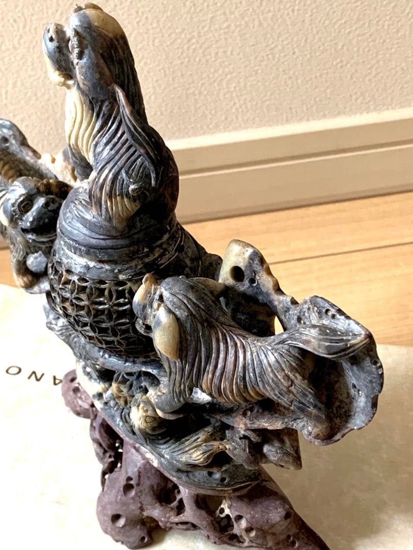 『中国』天然石 青田石 骨董彫刻 アンティーク 獅子鈕蓋爐 大香炉 置物（3）