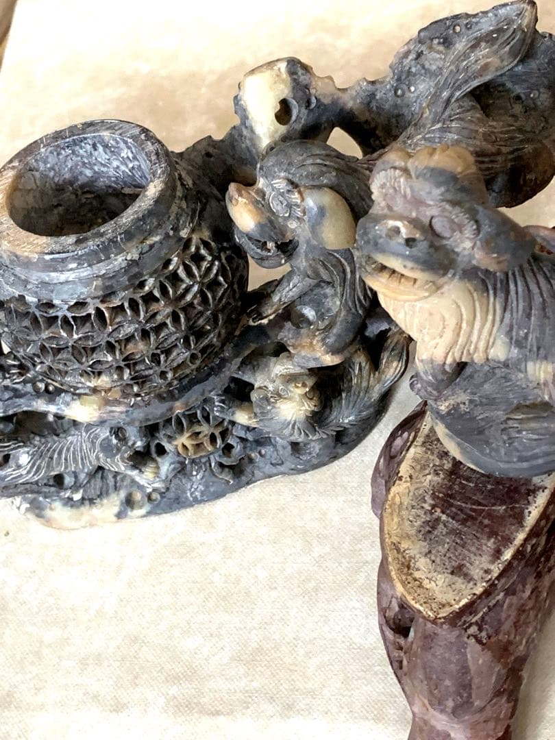 『中国』天然石 青田石 骨董彫刻 アンティーク 獅子鈕蓋爐 大香炉 置物（3）