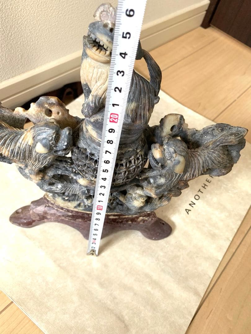『中国』天然石 青田石 骨董彫刻 アンティーク 獅子鈕蓋爐 大香炉 置物（3）