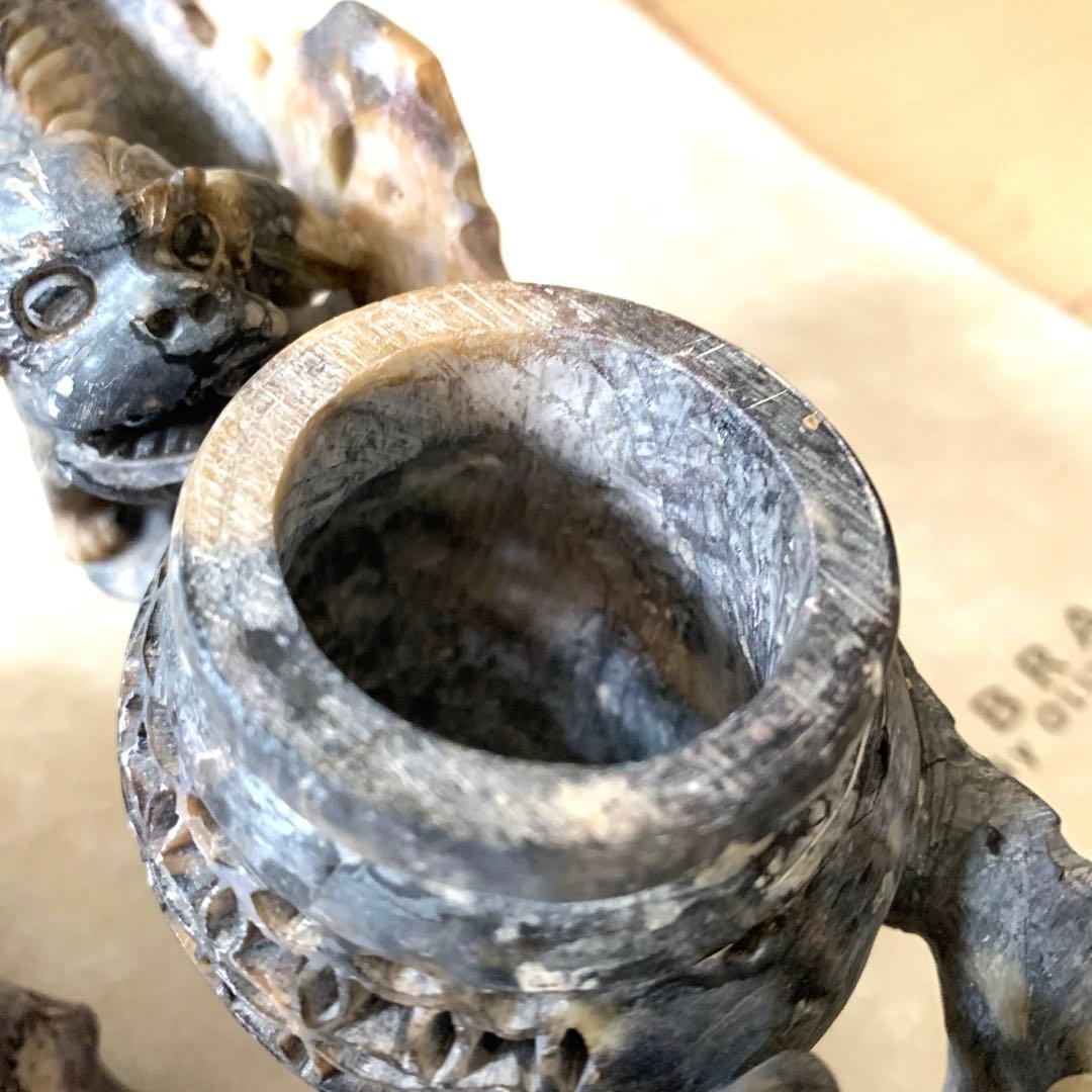 『中国』天然石 青田石 骨董彫刻 アンティーク 獅子鈕蓋爐 大香炉 置物（3）