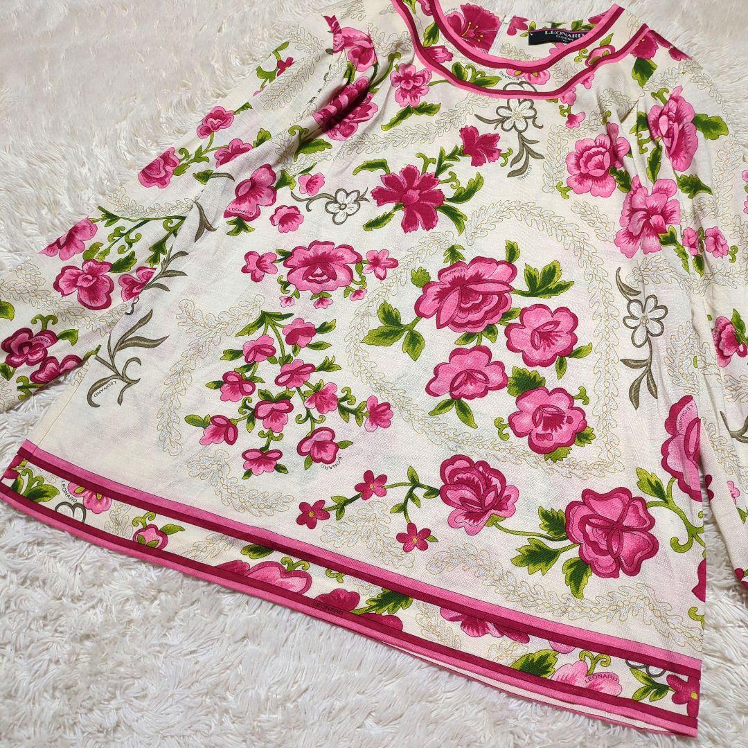 美品！LEONARD　花柄シルクカットソー　Lサイズ　総柄　アイボリー