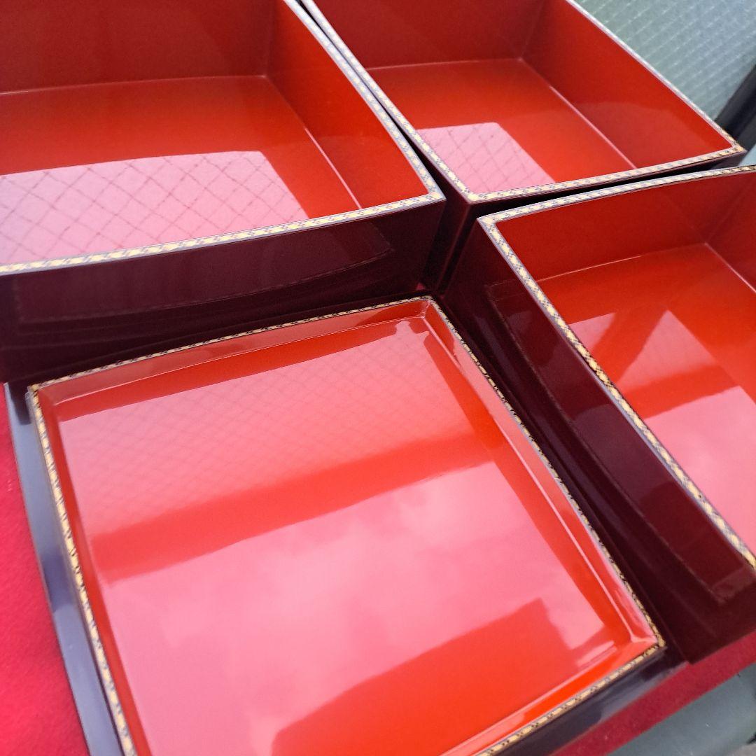 【輪島塗　6.5寸\"3段重箱&重台】布着本堅地　溜塗　沈金網代　胴張り　長期保管