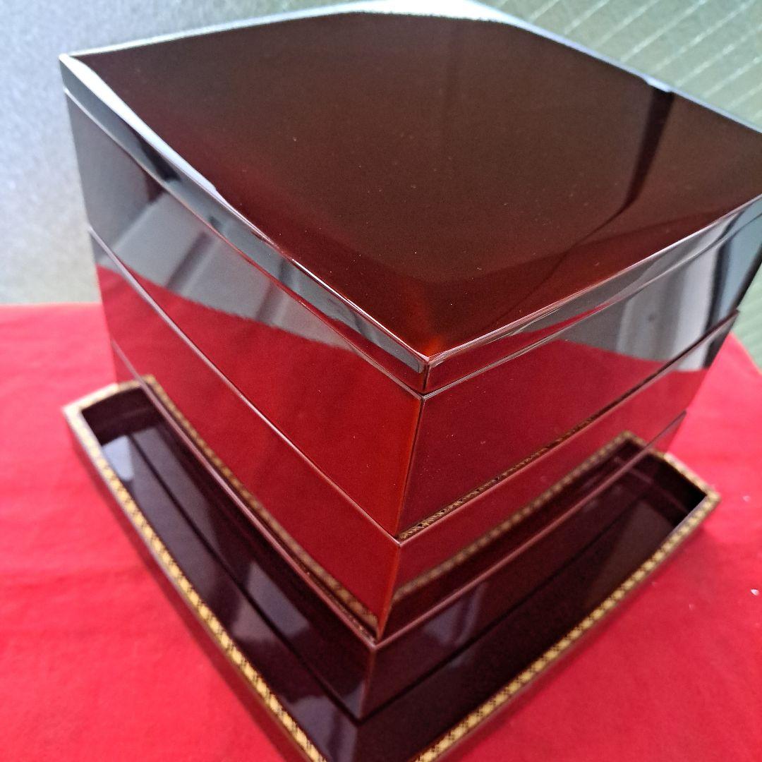 【輪島塗　6.5寸\"3段重箱&重台】布着本堅地　溜塗　沈金網代　胴張り　長期保管