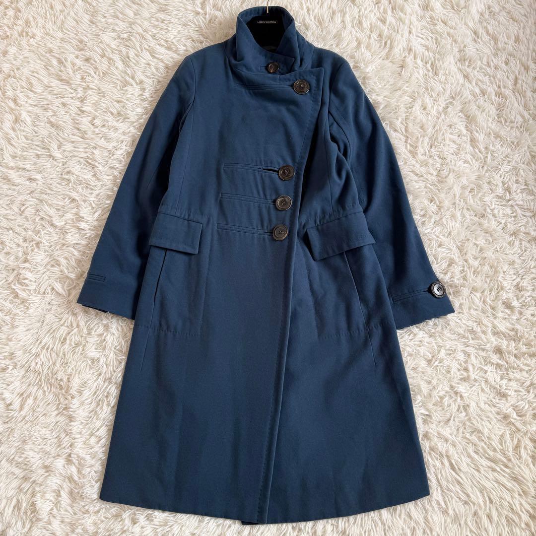 美品　カシミヤ混　ルイヴィトン　ロングコート　LV　総柄　ブルー　Mサイズ