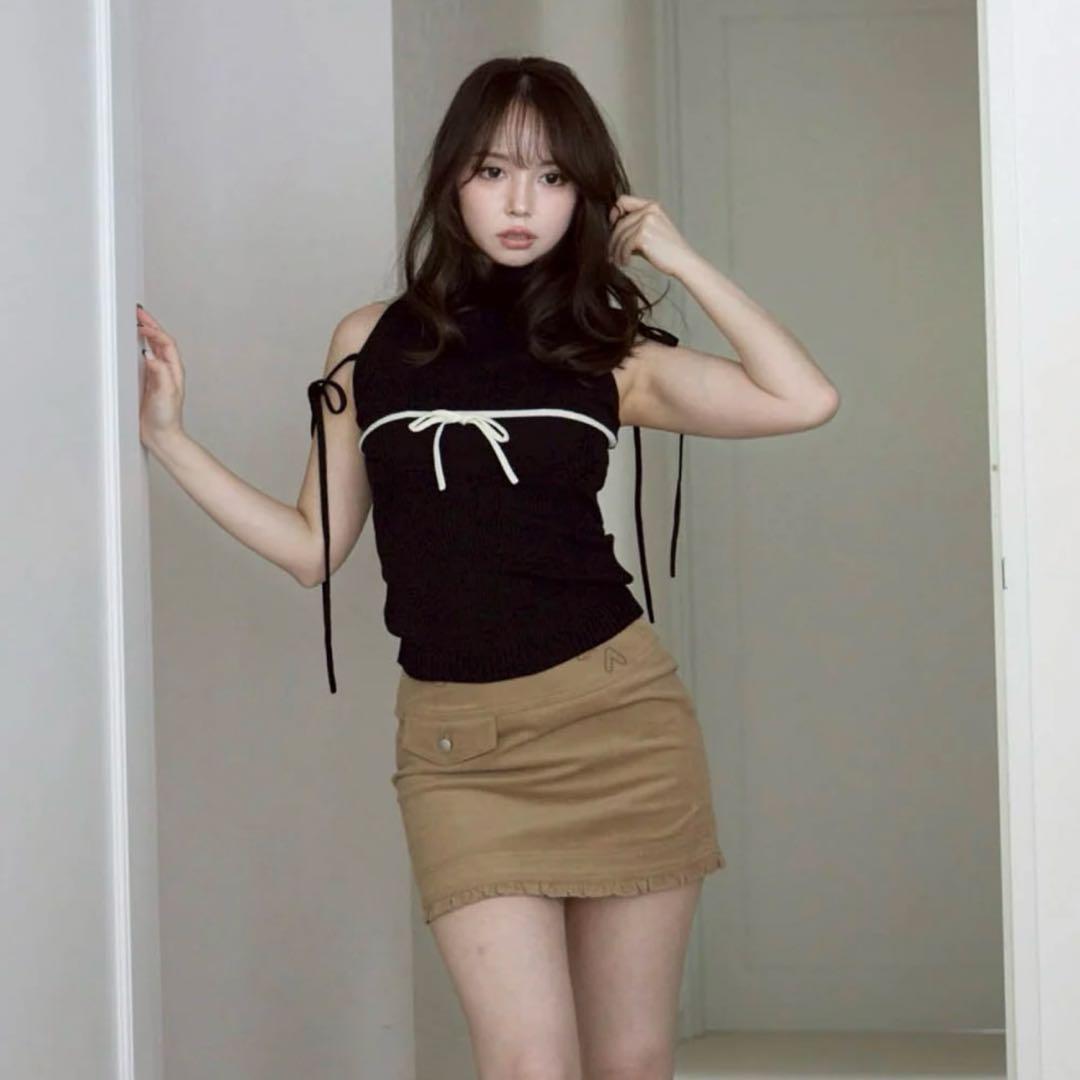 トップス andmary Adele ribbon tank Black