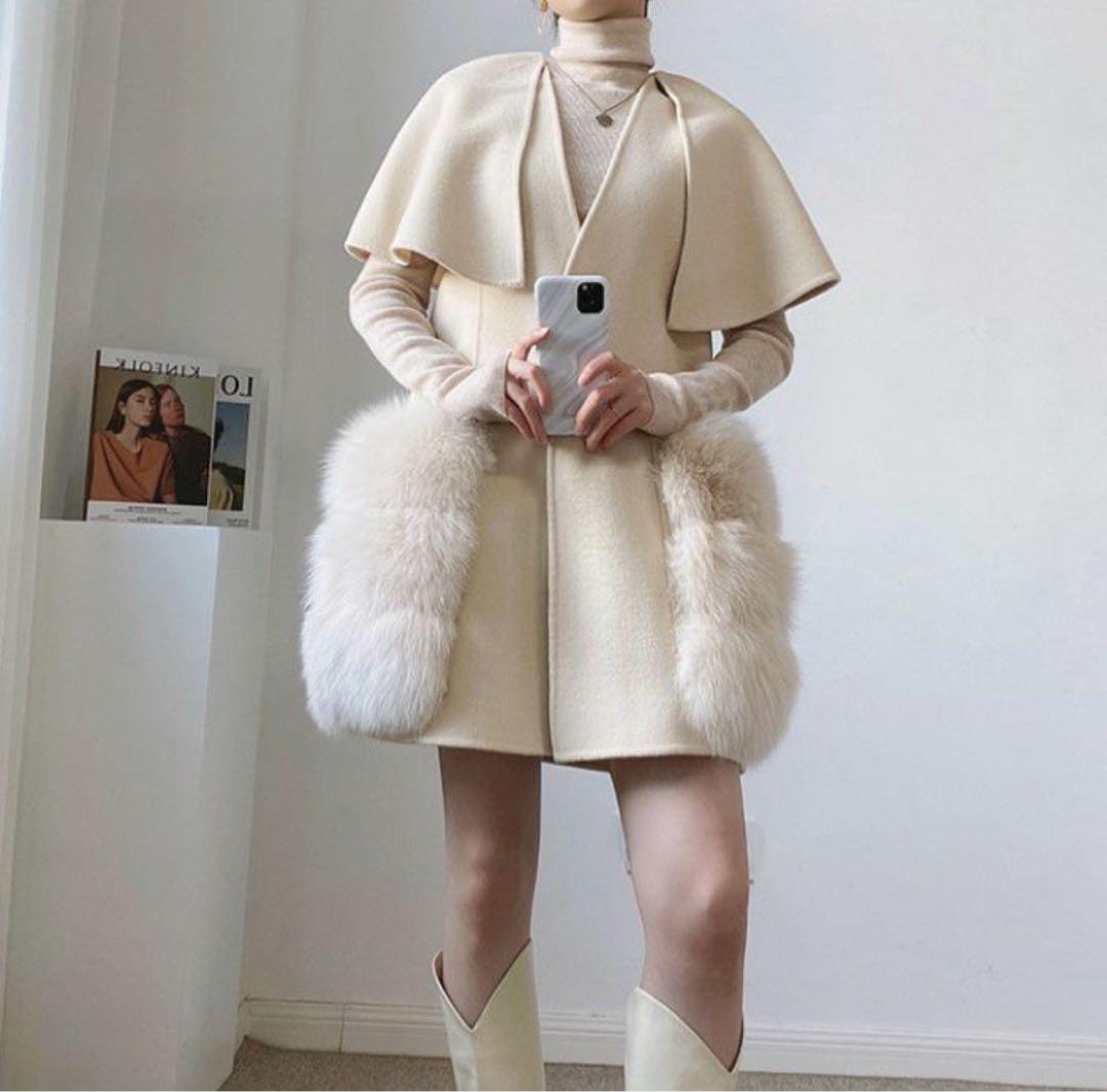 【美品】Salang/FOXファー/ウールケープコート/アイボリー