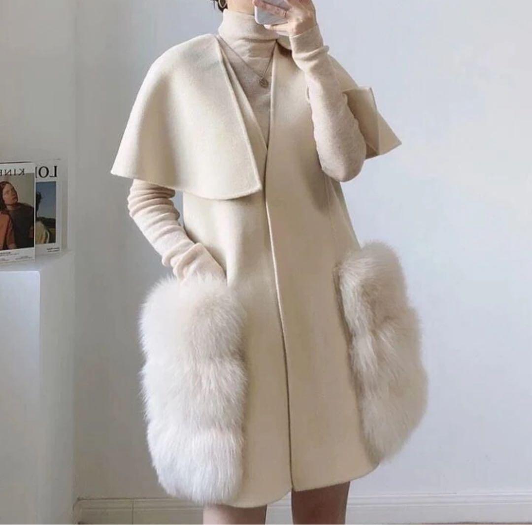 【美品】Salang/FOXファー/ウールケープコート/アイボリー