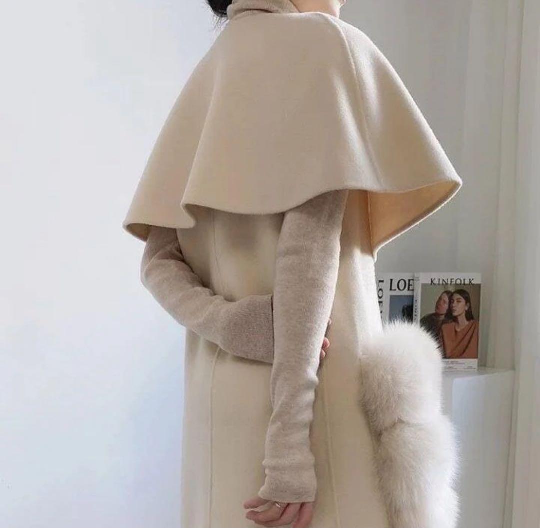 【美品】Salang/FOXファー/ウールケープコート/アイボリー