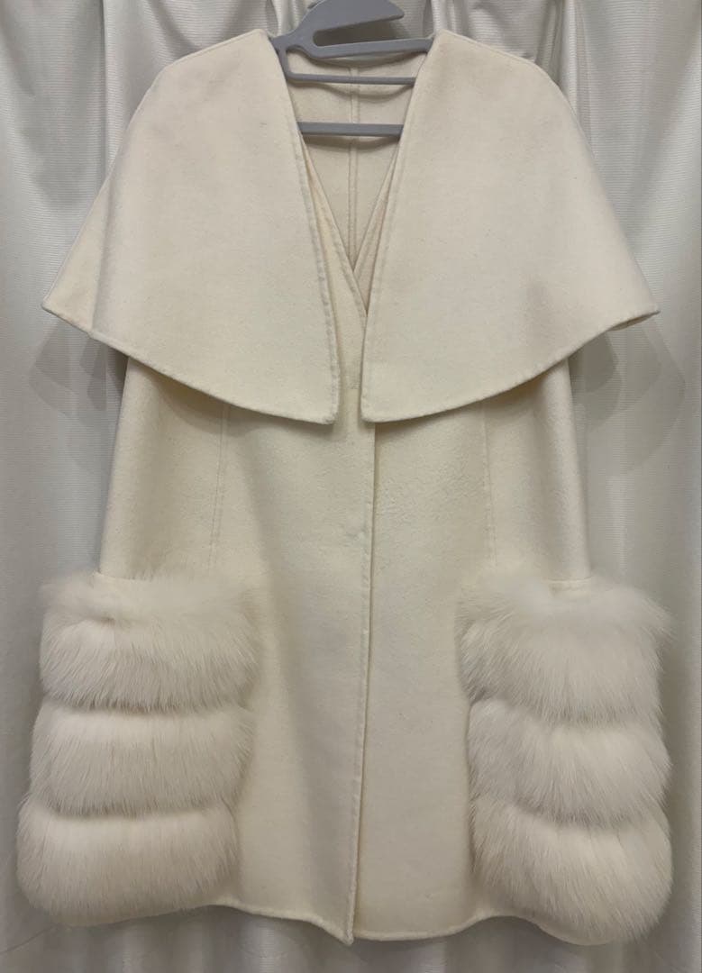 【美品】Salang/FOXファー/ウールケープコート/アイボリー