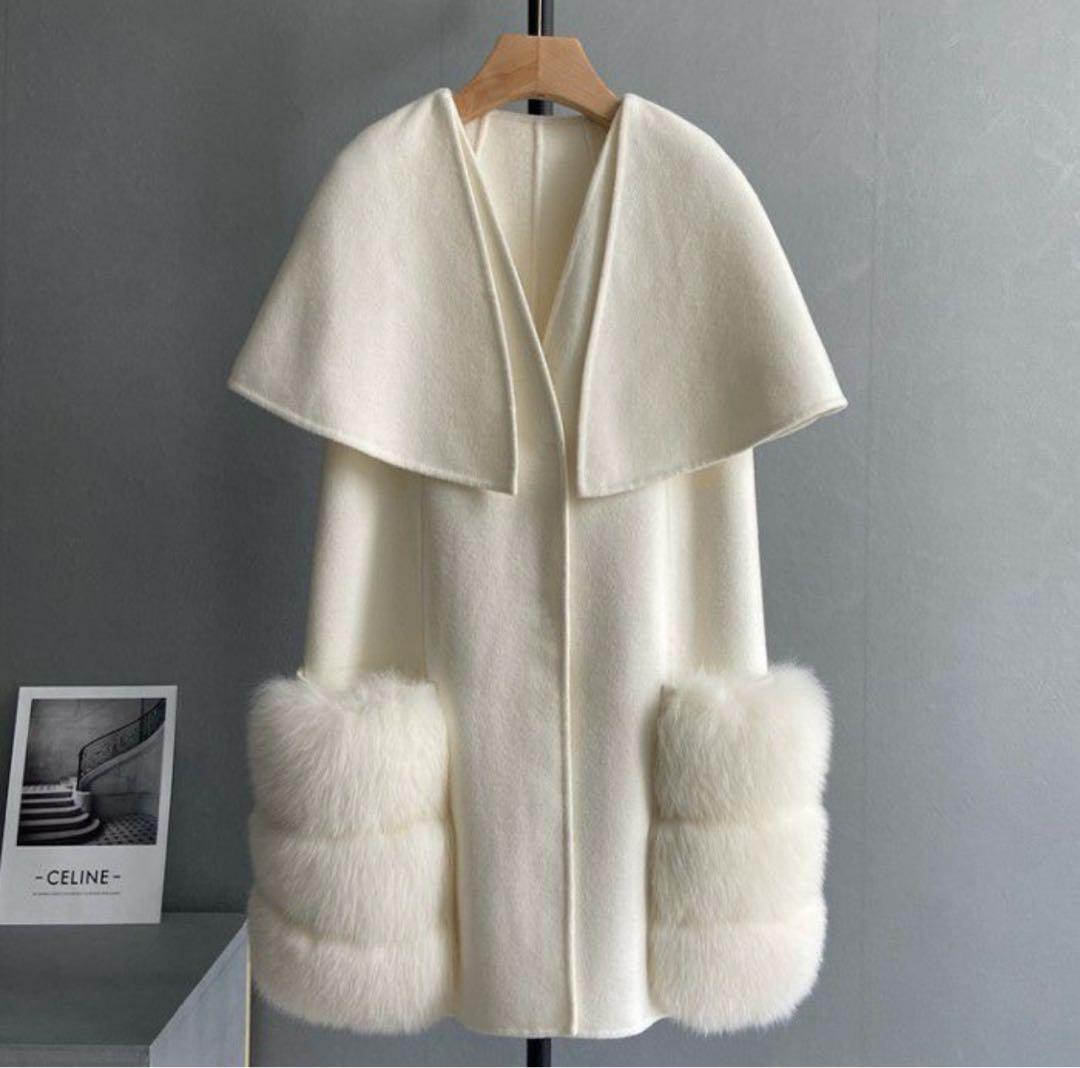 【美品】Salang/FOXファー/ウールケープコート/アイボリー