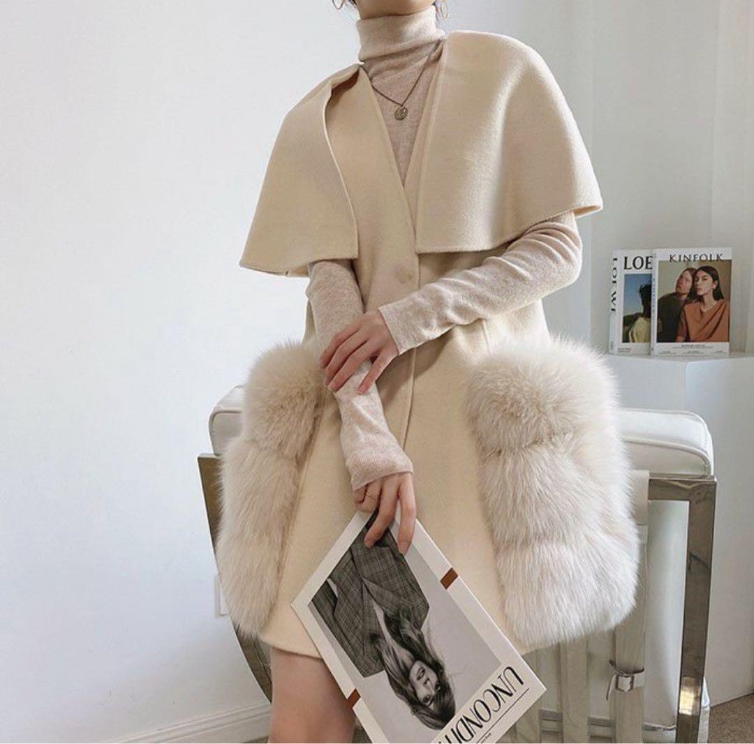 【美品】Salang/FOXファー/ウールケープコート/アイボリー