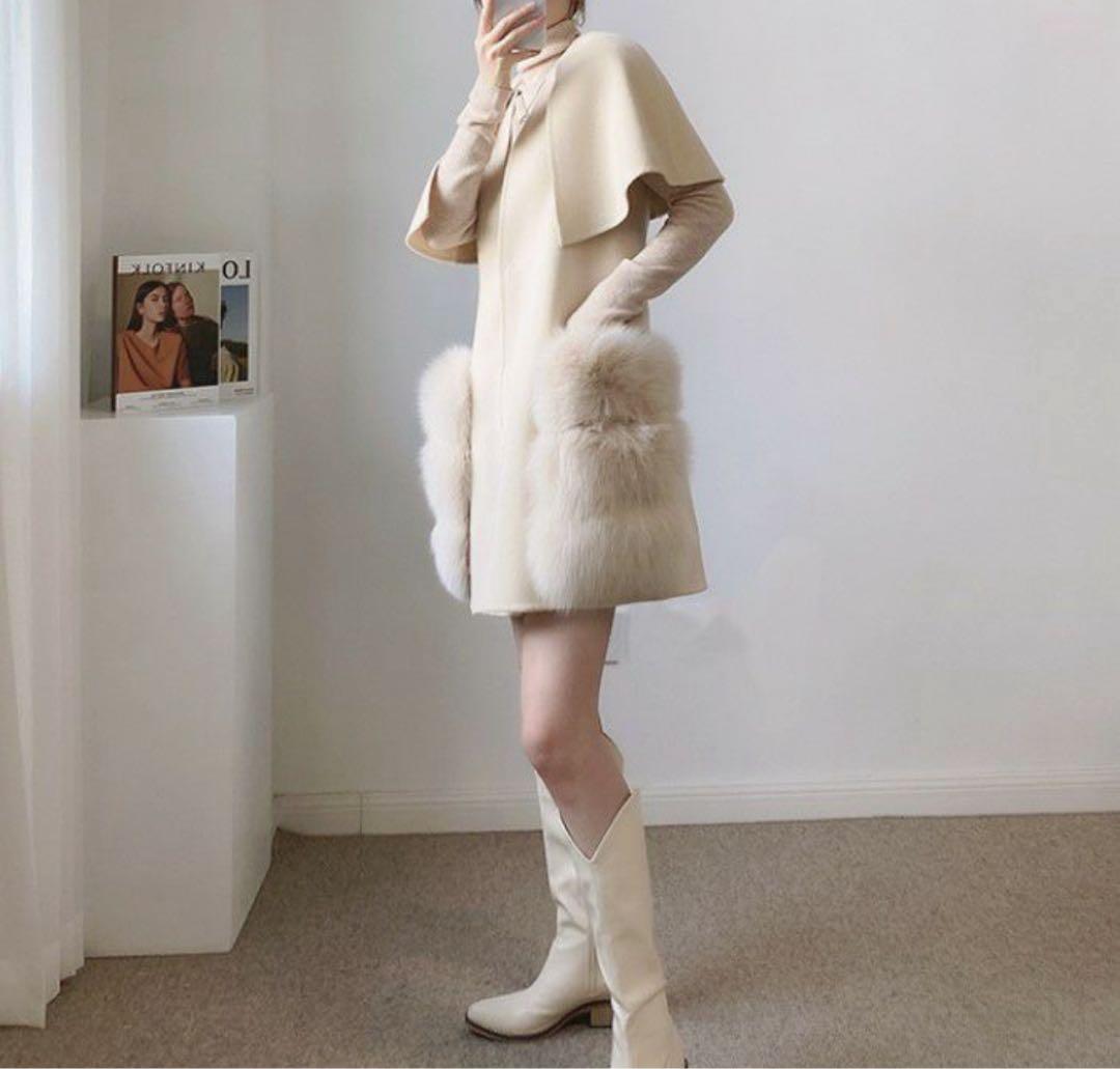 【美品】Salang/FOXファー/ウールケープコート/アイボリー