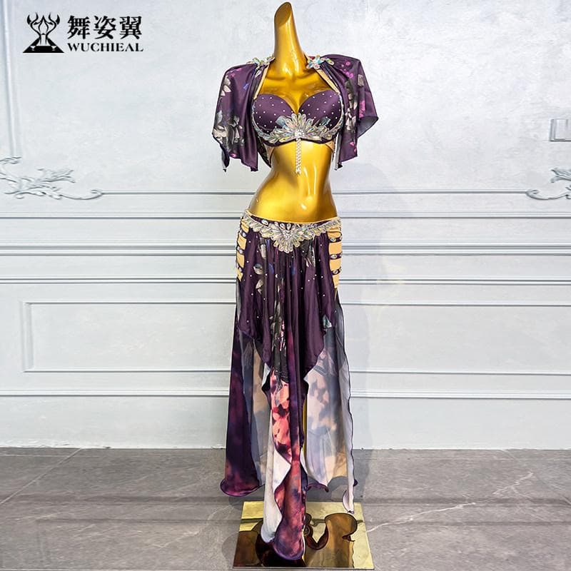 ベリーダンス衣装 パープル花柄 ブラ＆ロングスカート 高級ステージ衣装