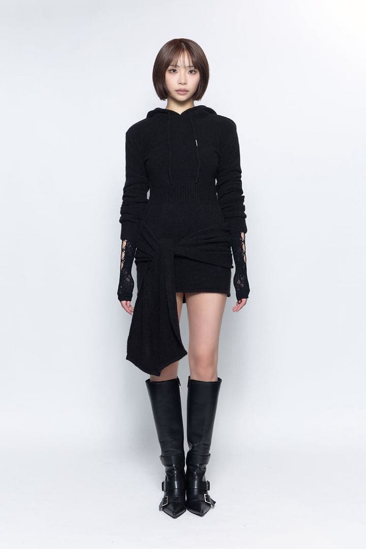 TR34426 S draped knit dress mini ブラック